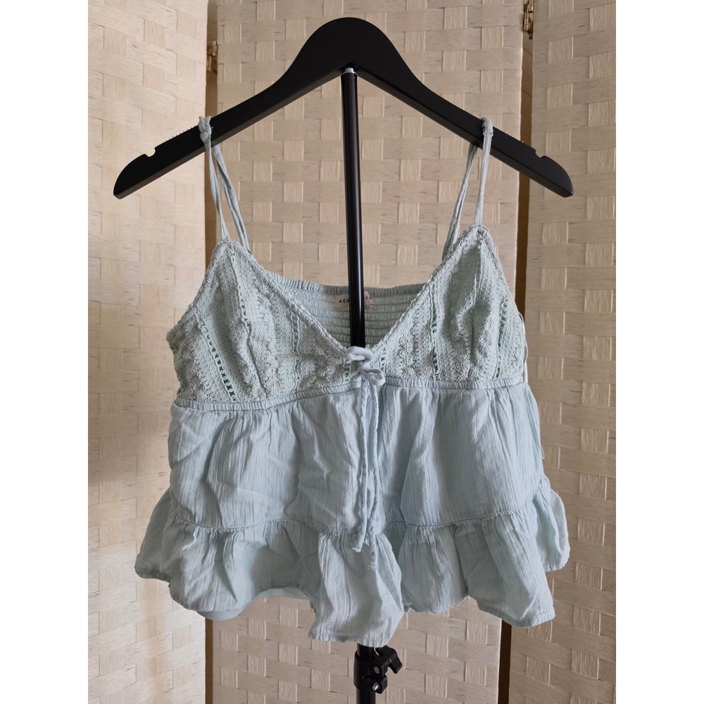 Aeropostale Womens Light Blue Crochet Ruffle Tiered Cami Tank Top Large
